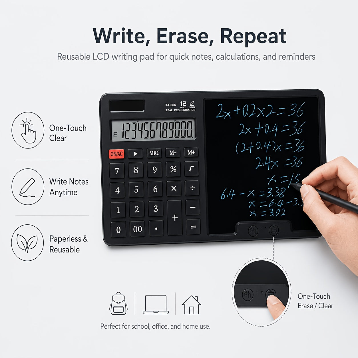 12-Digit LCD Large Screen Calculator with Writing Board