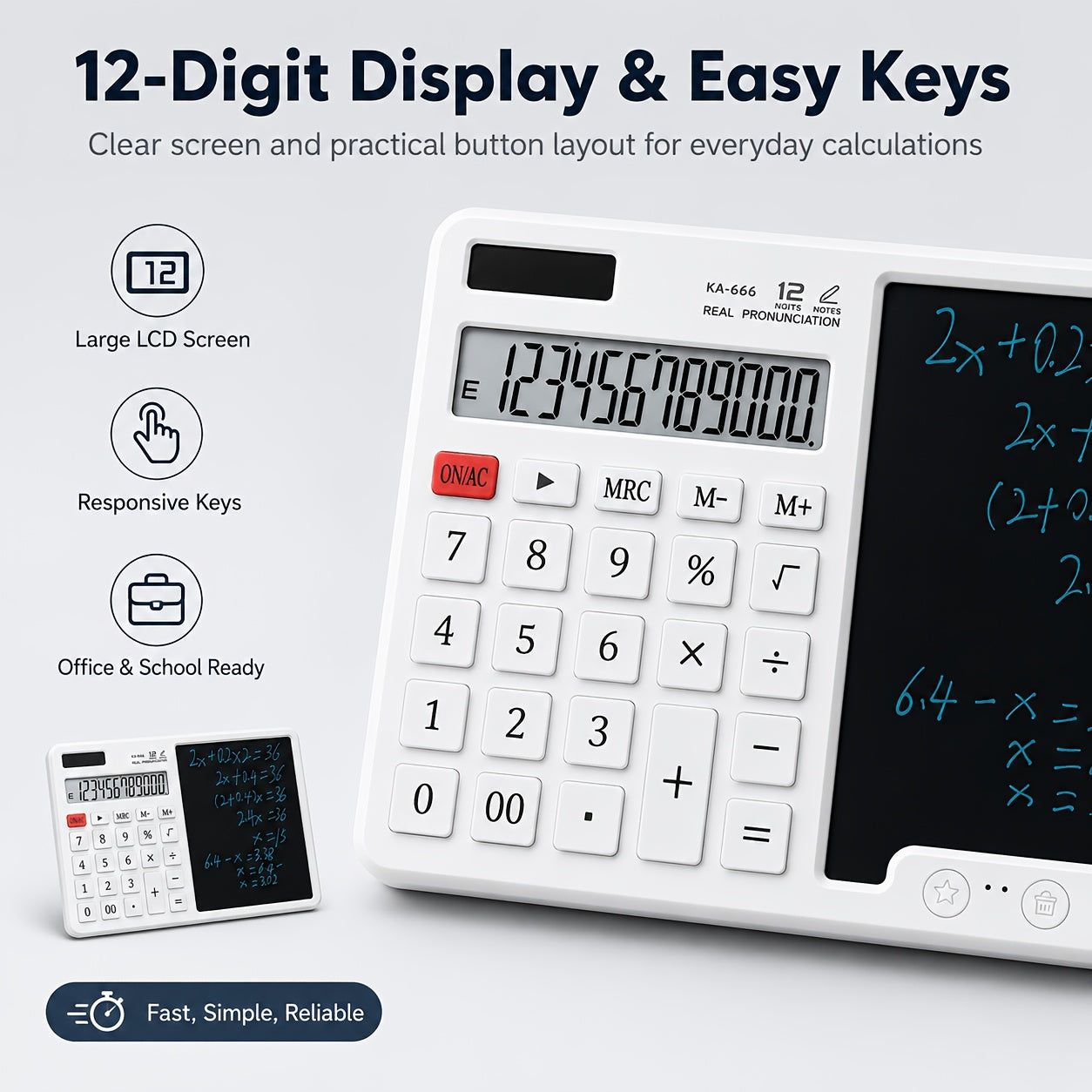 12-Digit LCD Large Screen Calculator with Writing Board